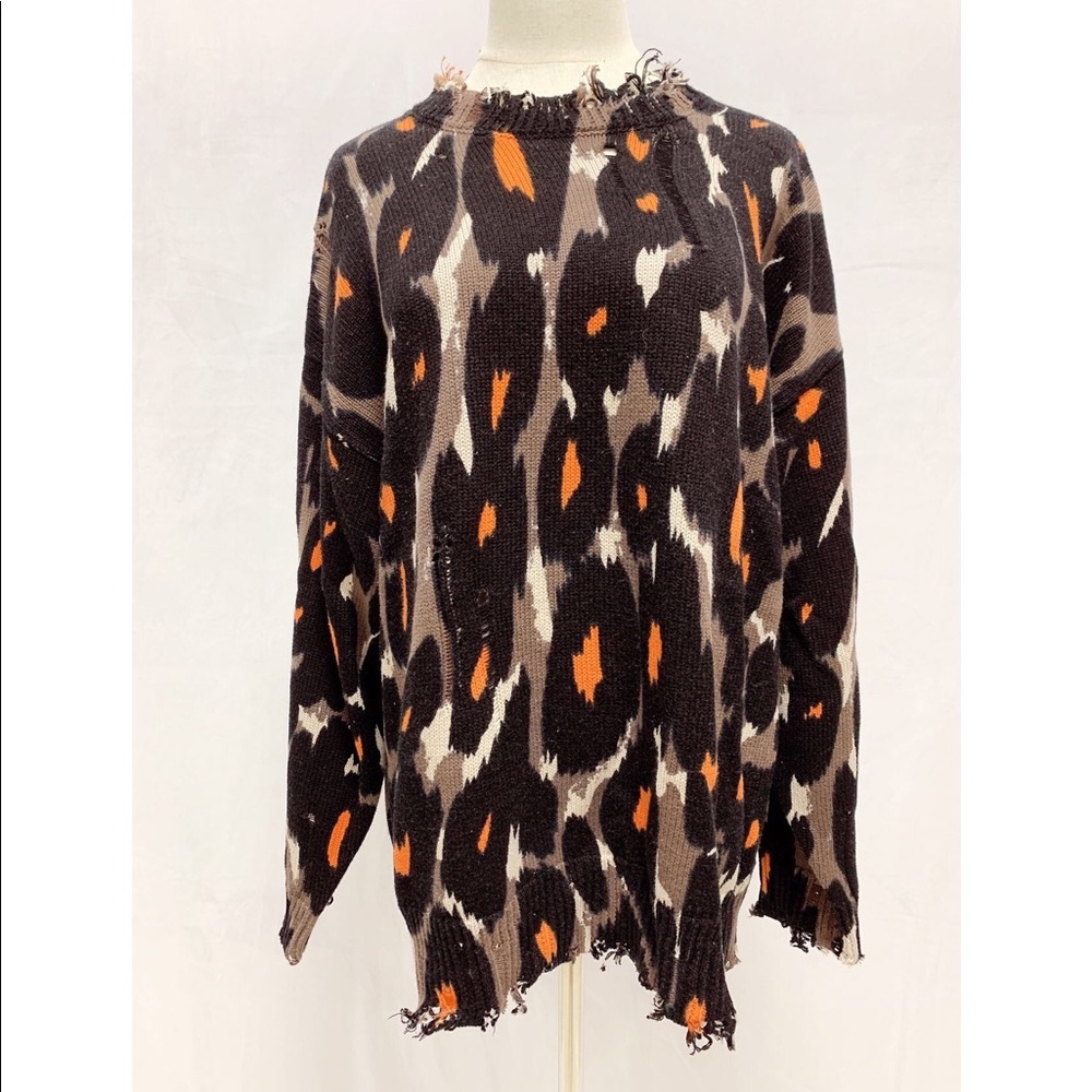 R13 Black and Brown Leopard Oversized Long Sleeve Crewneck Sweater Size M - Picture 4 of 8